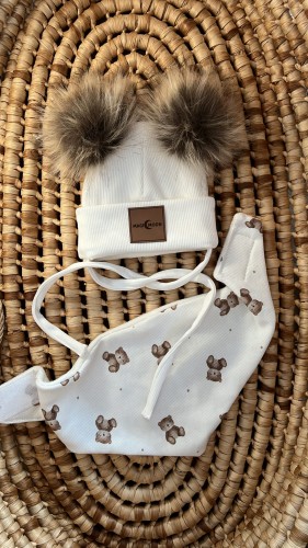Zestaw Czapka pompony x2 - ecru + miś 
