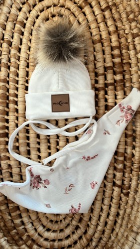 Zestaw Czapka pompon - ecru + peonie