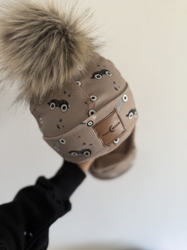 Zestaw Czapka pompon - autka retro braz 