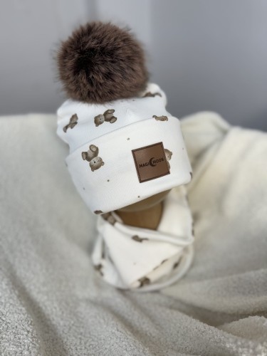 Zestaw Czapka pompon - misie krem 